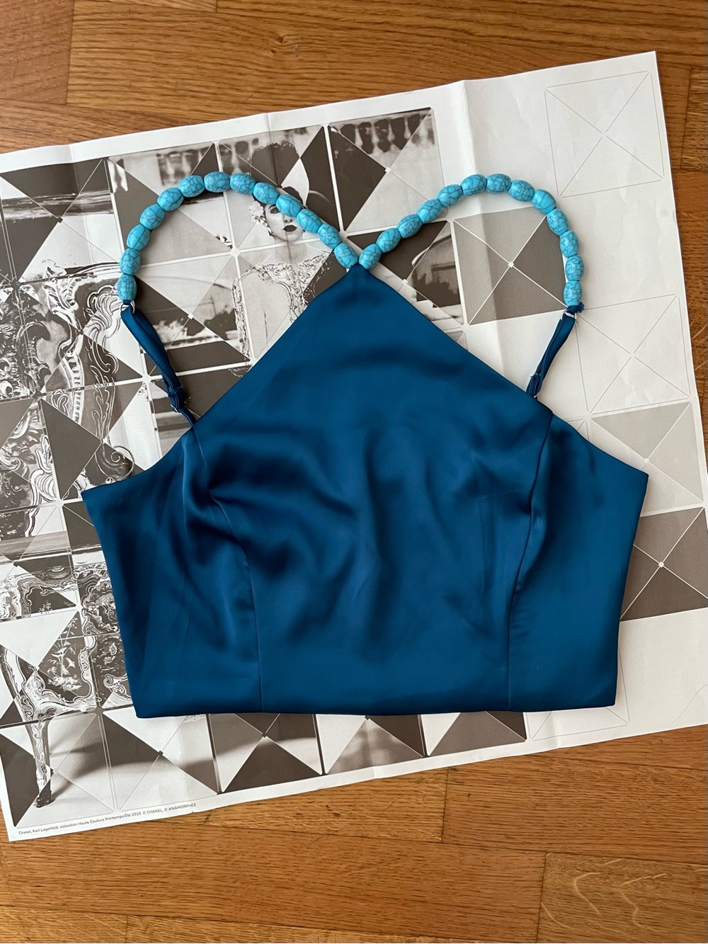 Sigrid Olsen Teal Satin Crop Top with Turquoise Beaded Straps
